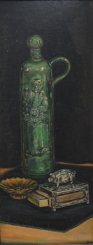 Kathleen Merrick, oil on board, Still life with a Dutch bottle, monogrammed, inscribed label verso, 49 x 19cm. Condition - fair to good